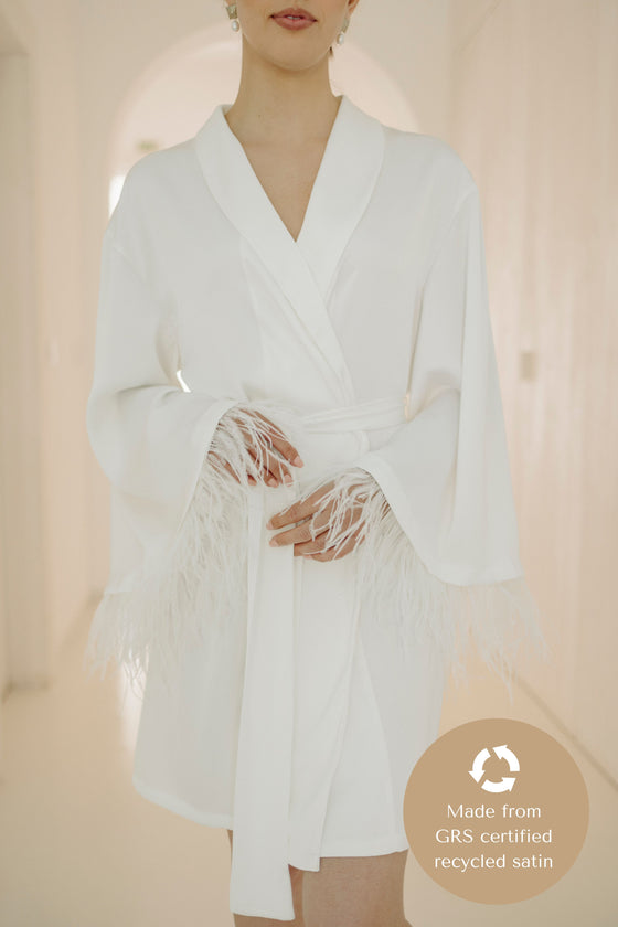 Chiara Feather Silk Satin Robe - White