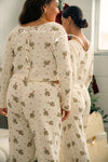 Clara Pointelle Reversable Long Top - Cream Vintage Holly Print