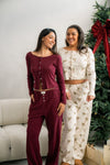 Clara Pointelle Reversable Long Top - Cream Vintage Holly Print