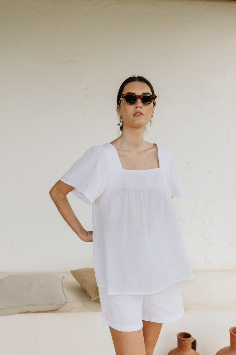 Callie Bubble Top & Short Pj Lounge Set - White