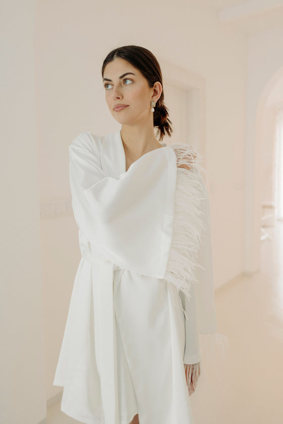 Chiara Feather Silk Satin Robe - White