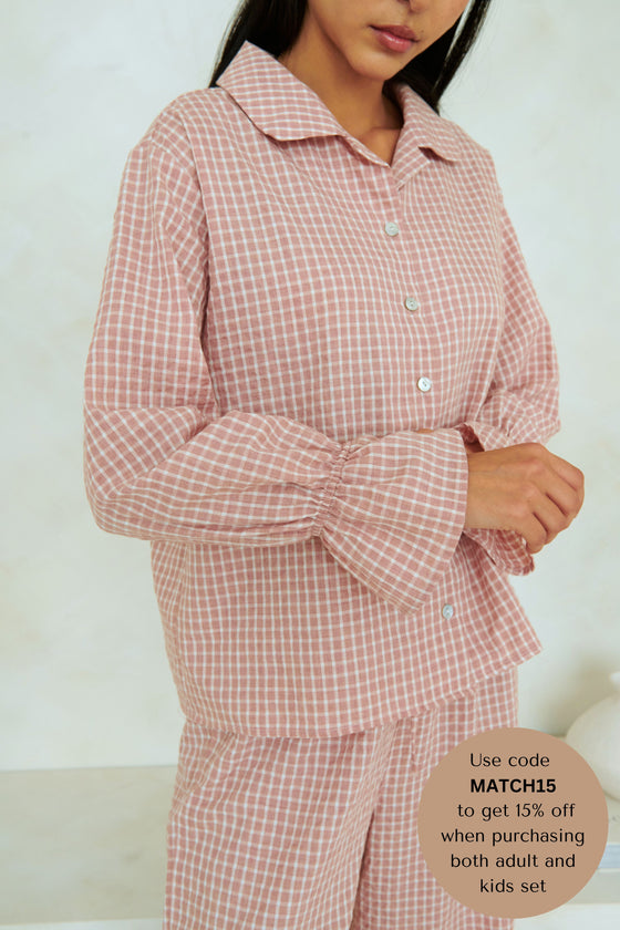 Taylor Crinkle Cotton Gingham Pyjama Set - Cinnamon Cherry