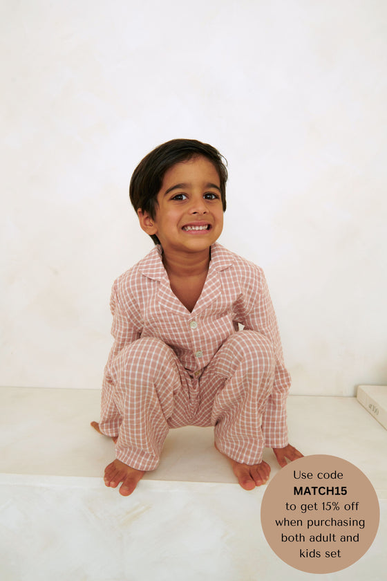 Taylor Crinkle Cotton Gingham Unisex Kids Pyjama Set - Cinnamon Cherry