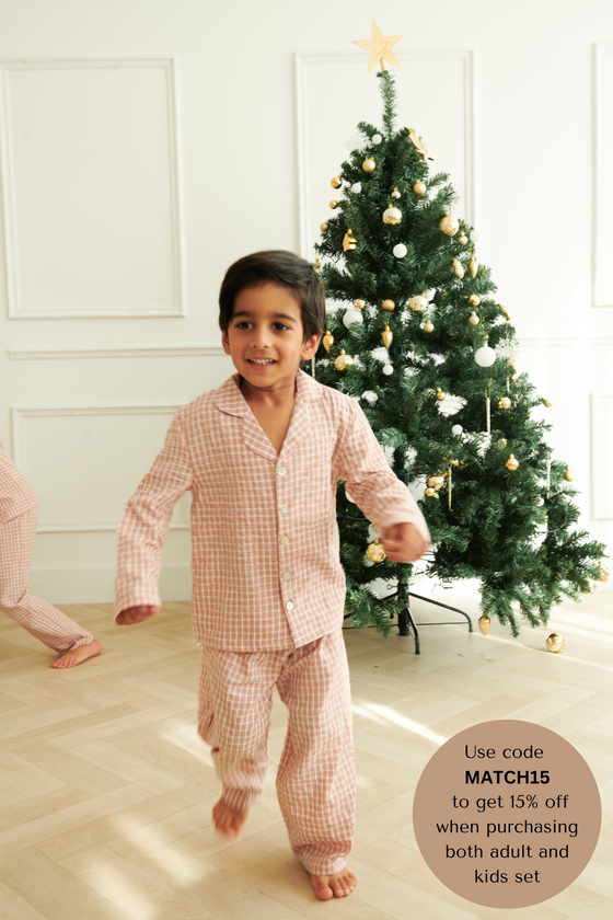 Taylor Crinkle Cotton Gingham Unisex Kids Pyjama Set - Cinnamon Cherry