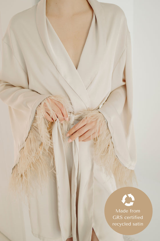 Chiara Feather Silk Satin Robe - Champagne