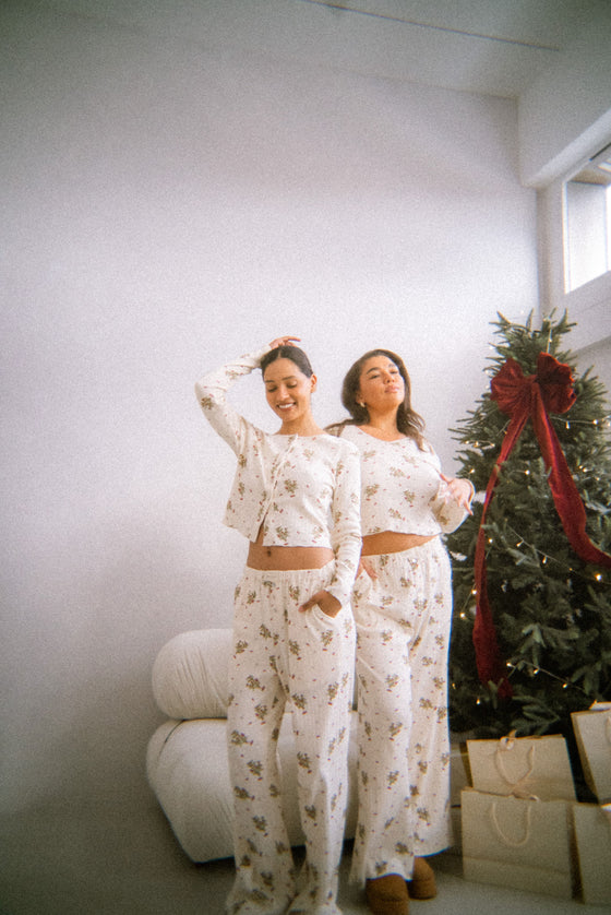 Clara Pointelle Pyjama Trouser- Cream Vinage Xmas Print