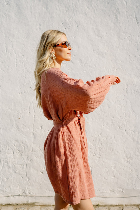 Caroline Bubble Cotton Robe - Terracotta