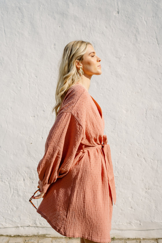 Caroline Bubble Cotton Robe - Terracotta