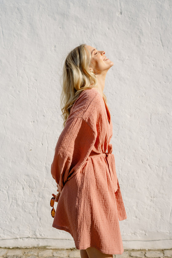 Caroline Bubble Cotton Robe - Terracotta