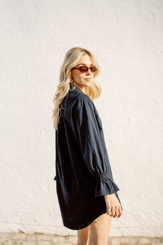 Ivy Cotton Boyfriend Shirt Dress - Black