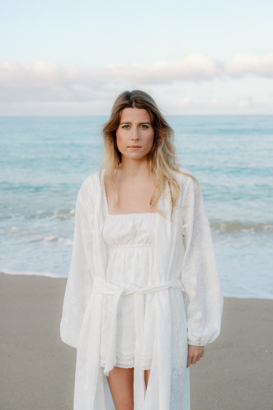 Rae Embroidered Maxi Bridal Robe - Ivory White