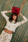 Clara Pointelle Reversable Long Top - Cream Vintage Holly Print