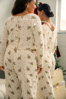  Clara Pointelle Reversable Long Top - Cream Vintage Holly Print
