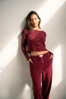  Clara Pointelle Reversable Long Top - Berry Burgundy