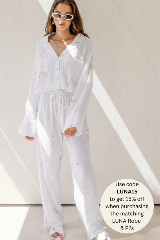 Luna Long Lounge Pyjamas White Shell Womens Cotton Pajamas Pjs Meeka co