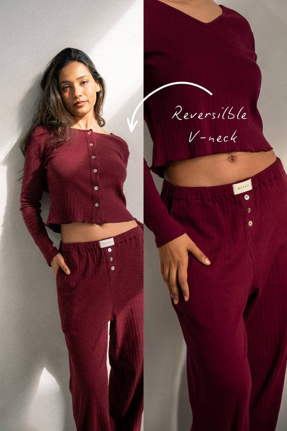 Clara Pointelle Reversable Long Top - Berry Burgundy