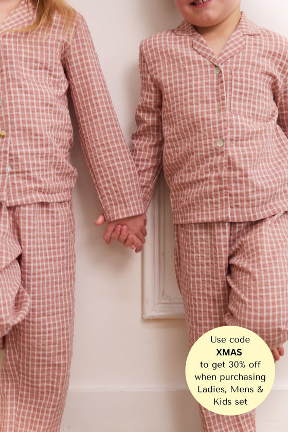 Taylor Crinkle Cotton Gingham Unisex Kids Pyjama Set - Cinnamon Cherry