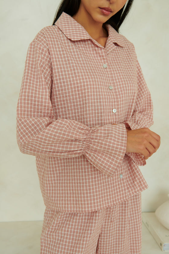 Taylor Crinkle Cotton Gingham Pyjama Set - Cinnamon Cherry – Meeka_co