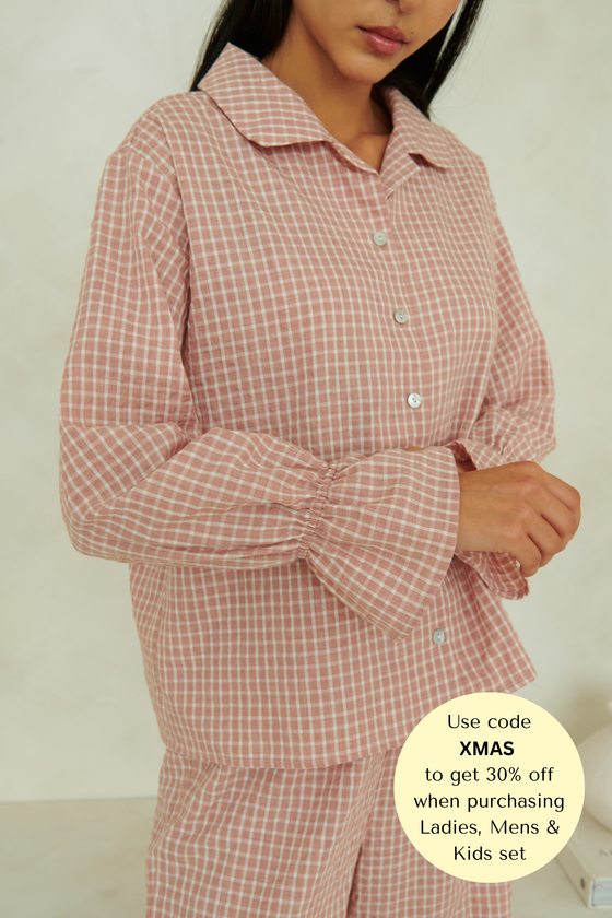 Taylor Crinkle Cotton Gingham Pyjama Set - Cinnamon Cherry