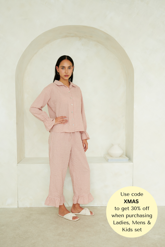 Taylor Crinkle Cotton Gingham Pyjama Set - Cinnamon Cherry