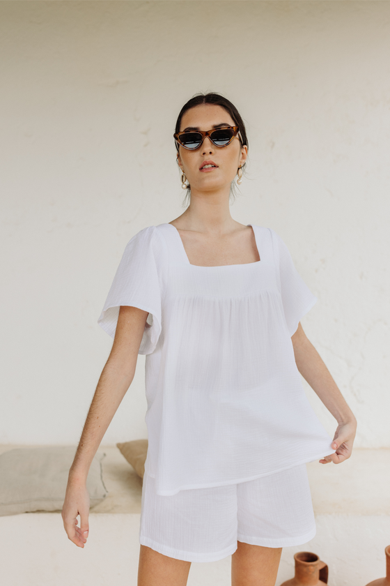 Callie Bubble Top & Short Pj Lounge Set - White