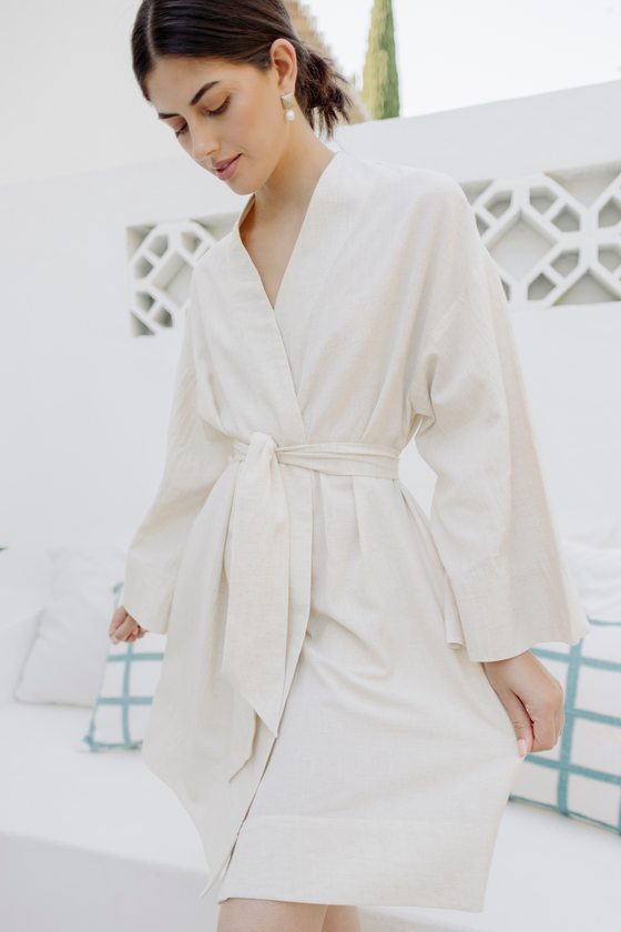 Kara Kimono Linen Robe - Oatmeal