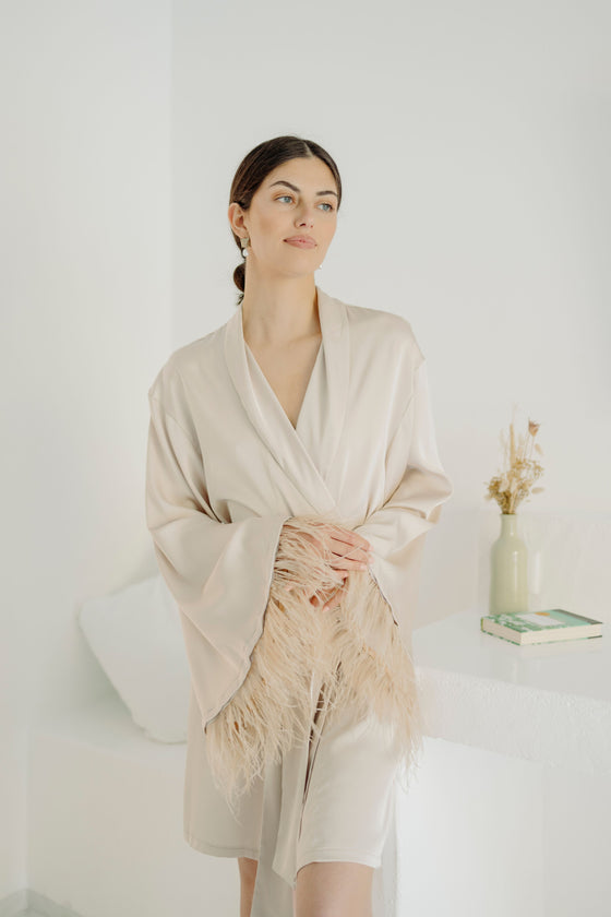 Chiara Feather Silk Satin Robe - Champagne