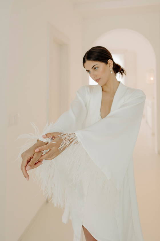 Chiara Feather Silk Satin Robe - White