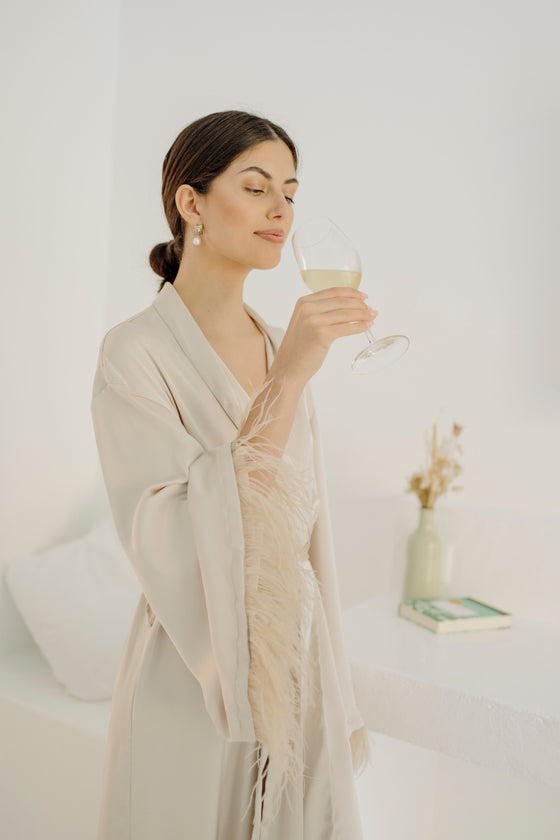 Chiara Feather Silk Satin Robe - Champagne