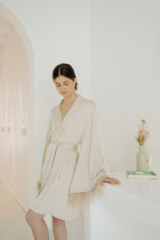 Chiara Feather Silk Satin Robe - Champagne