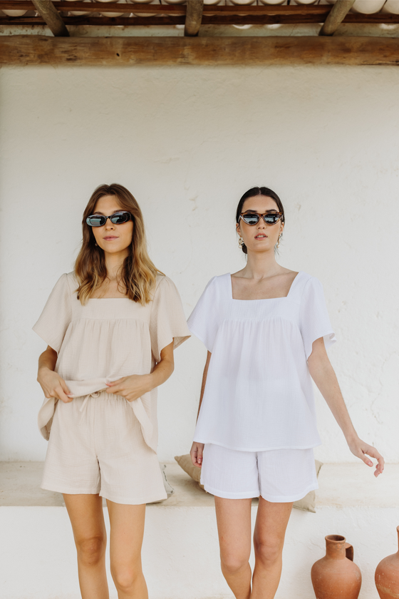 Callie Bubble Top & Short Pj Lounge Set - Nude