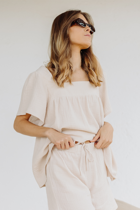 Callie Bubble Top & Short Pj Lounge Set - Nude
