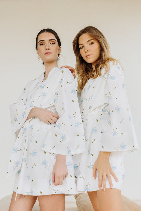 Kara Kimono Linen Robe - Blue floral