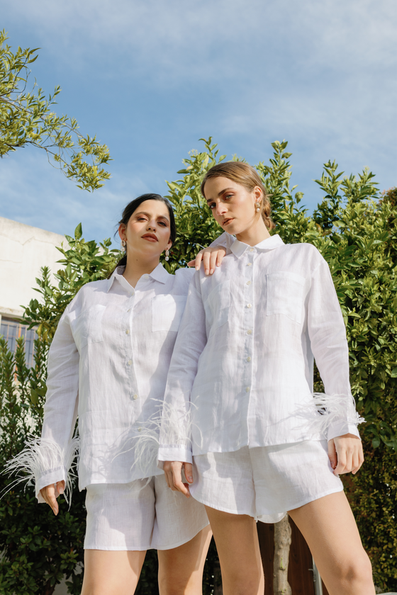 Mila Linen Feather Pyjama Lounge set - White