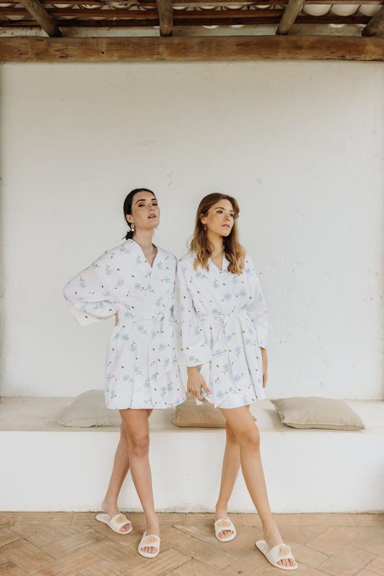 Kara Kimono Linen Robe - Blue floral