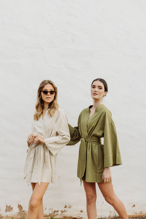 Kara Kimono Linen Robe - Olive