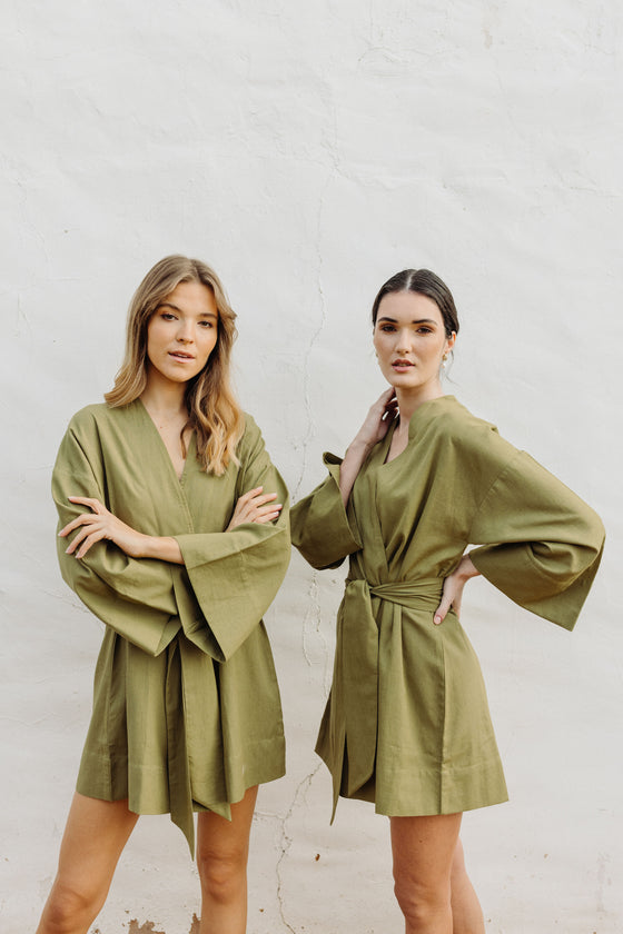 Kara Kimono Linen Robe - Olive