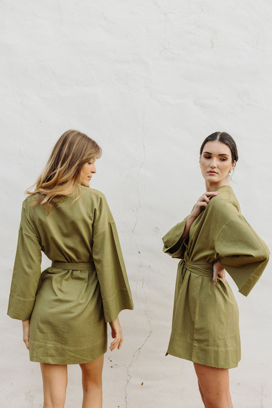 Kara Kimono Linen Robe - Olive