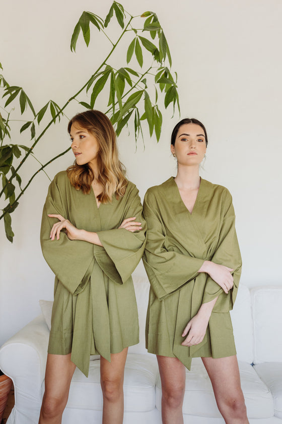 Kara Kimono Linen Robe - Olive