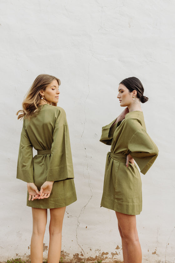 Kara Kimono Linen Robe - Olive