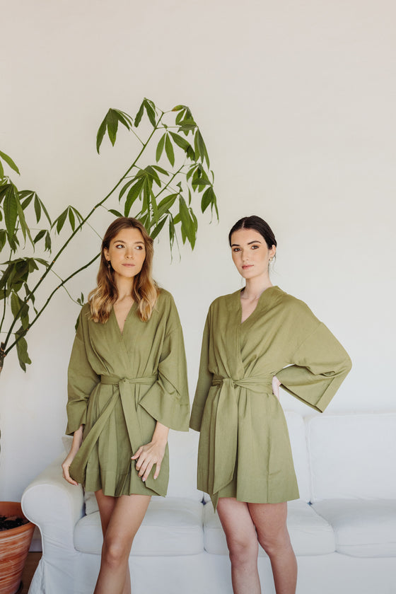 Kara Kimono Linen Robe - Olive